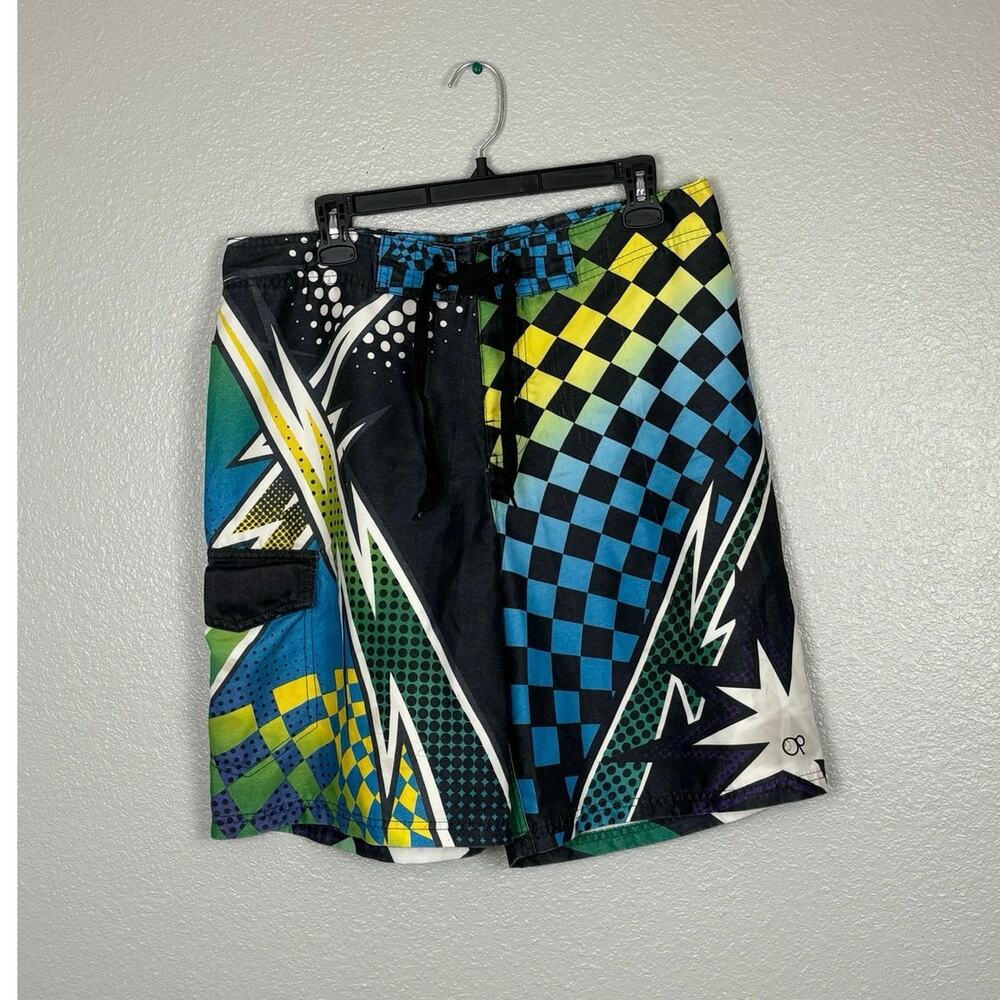 OP 2010s Men's Size 34 Yellow Green Blue Black Geometric Mid-length Swim Trunks